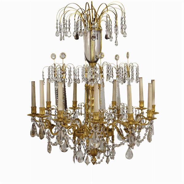 12 lights gilt bronze and rock crystal chandelier