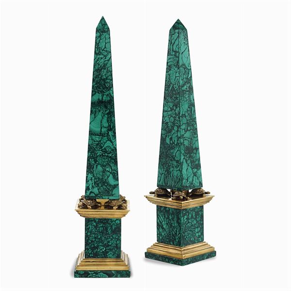 Pair of malachite obelisks