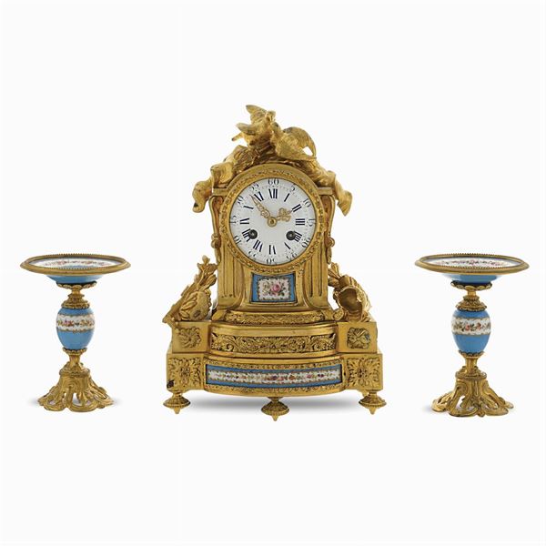 Gilt bronze and porcelain tryptic