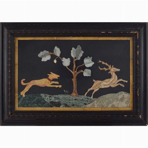 Rectangular ardesia and polychrome marbles plaque