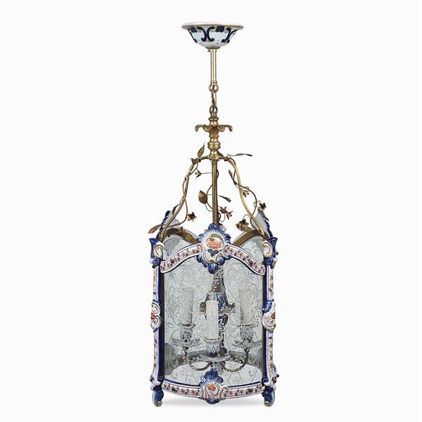 Three lights gilded metal hanging lantern  (20th century)  - Auction Fine Art From a Tuscan Property - Colasanti Casa d'Aste