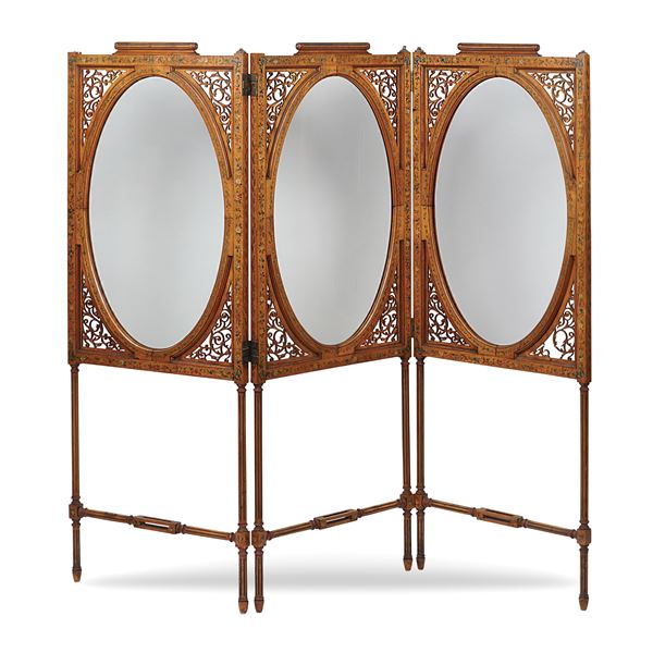 Satinwood three fold screen  (England, 19th century)  - Auction Fine Art From a Tuscan Property - Colasanti Casa d'Aste