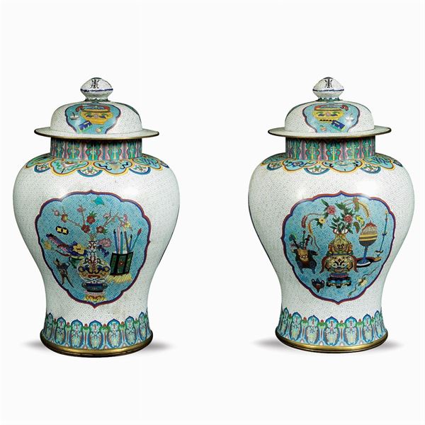 Pair cloisonne enamels potiches