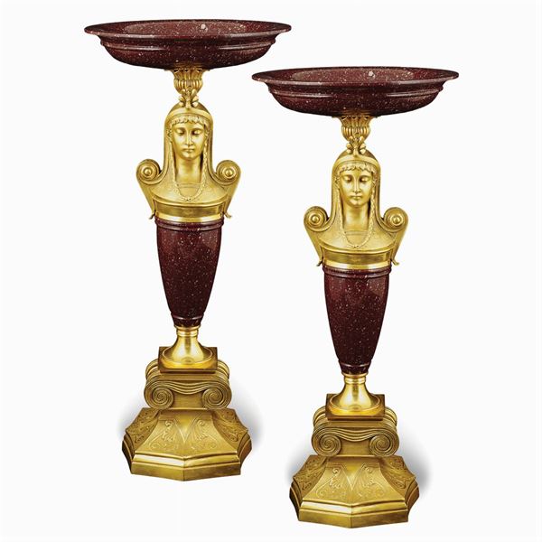 Pair of porhyry and gilged bronze stands