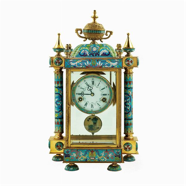 Enamel and gilded bronze mantel clock