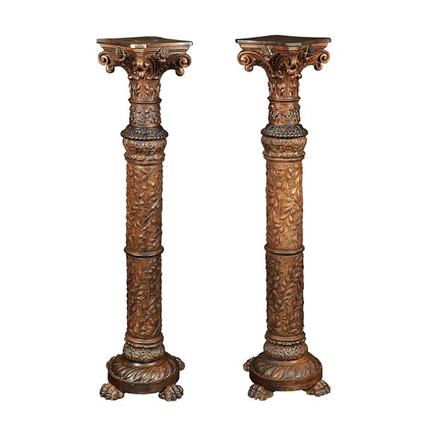 Pair of walnut and inlaid oak columns  (Italy, late 19th century)  - Auction Fine Art From a Tuscan Property - Colasanti Casa d'Aste