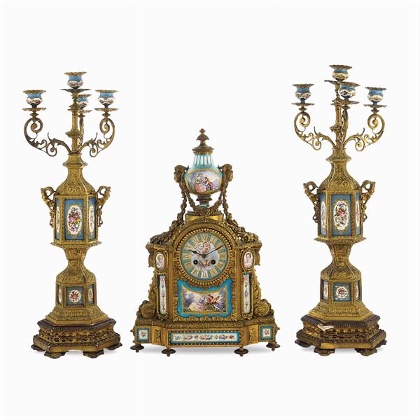 Bronze and porcelain fireplace Napoleon III tryptique