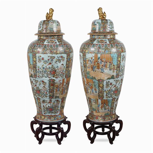 Pair of large polychrome Canton porcelain potiches