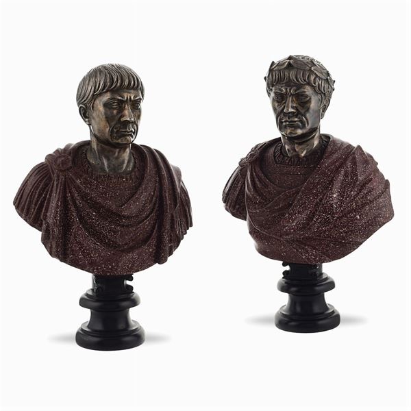 Pair of porphyry and silvered metal portrait busts