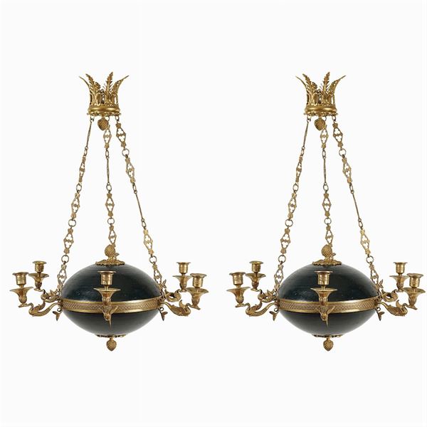 Pair of six-light Impero style chandeliers