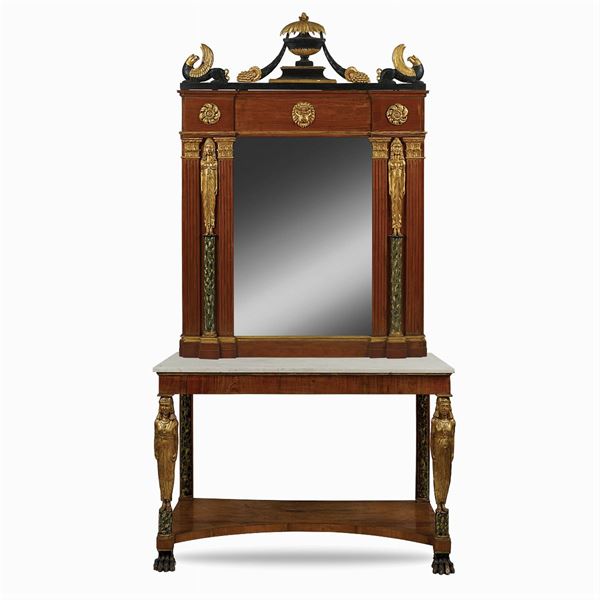 Cherry tree and lacquered wood consolle with mirror  (Tuscany, 19th century)  - Auction Fine Art From a Tuscan Property - Colasanti Casa d'Aste