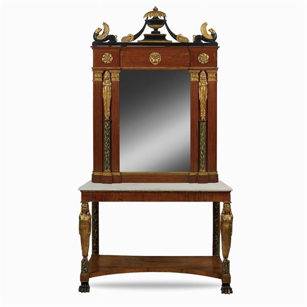 Cherry tree and lacquered wood consolle with mirror