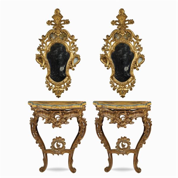 Coppia di consoles e specchiere in legno dorato e intagliato  (Italia, XVIII Sec.)  - Asta FINE ART DA UNA DIMORA TOSCANA  - Colasanti Casa d'Aste