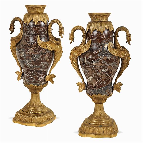 Pair or marble and burnished bronze vases