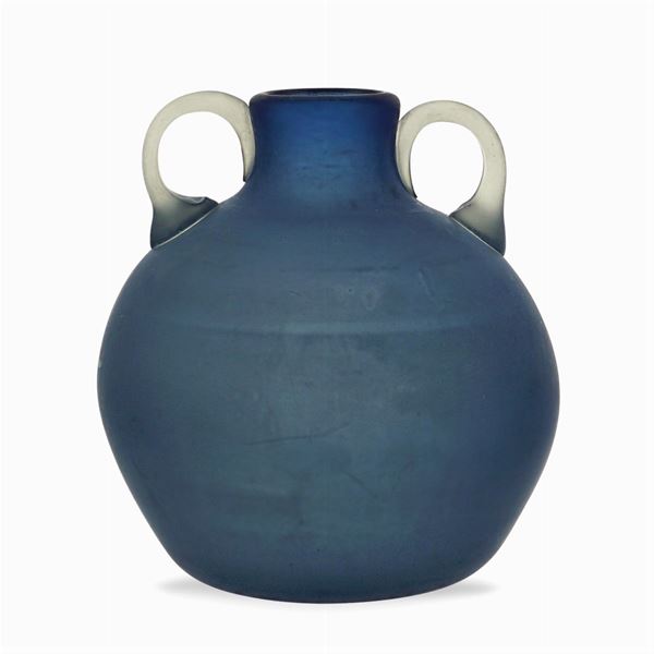 Two handled satinated blue glass vase