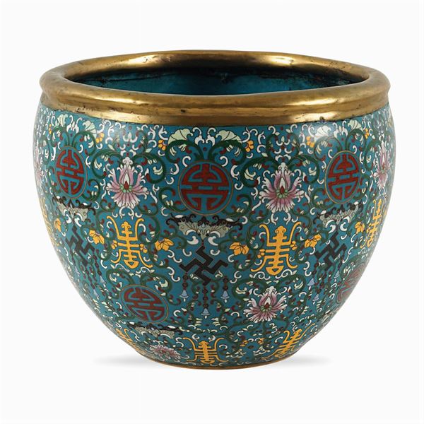 Bronze and cloisonne enamel cachepot