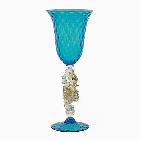 Turquoise blown glass chalice glass  (Murano, 20th century)  - Auction Costume and sketches - I - Colasanti Casa d'Aste