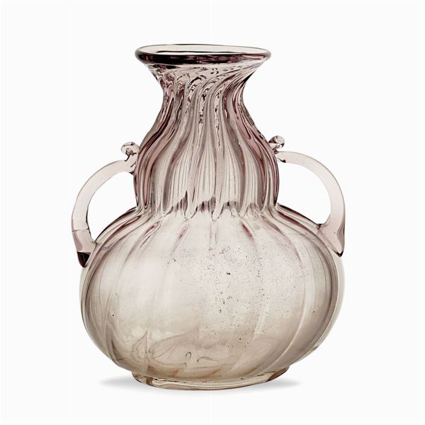 Two handled pyriform purple glass vase