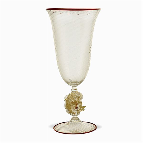 Calice in vetro soffiato trasparente con inclusioni in oro  (Murano, XX Sec.)  - Asta BOZZETTI E FIGURINI  - I - Colasanti Casa d'Aste