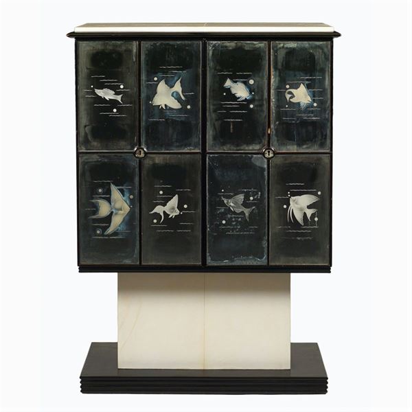 Ebonized wood and parchment bar cabinet