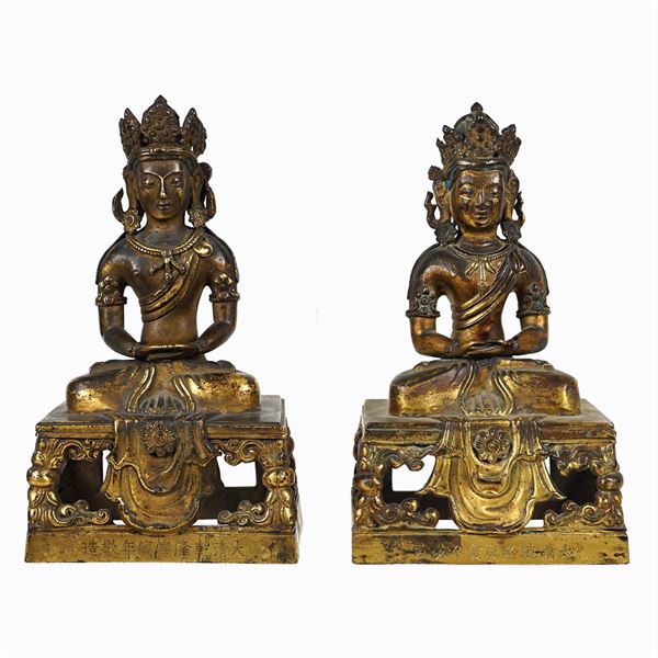 Two gilded Amitayus bronze sculptures
