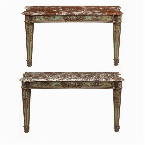 Pair of lacquered green and giltwood consoles