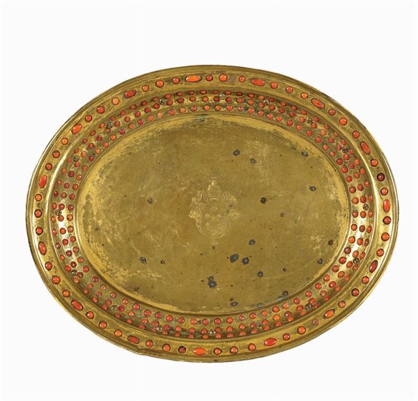 Antique gilded copper and coral plate
