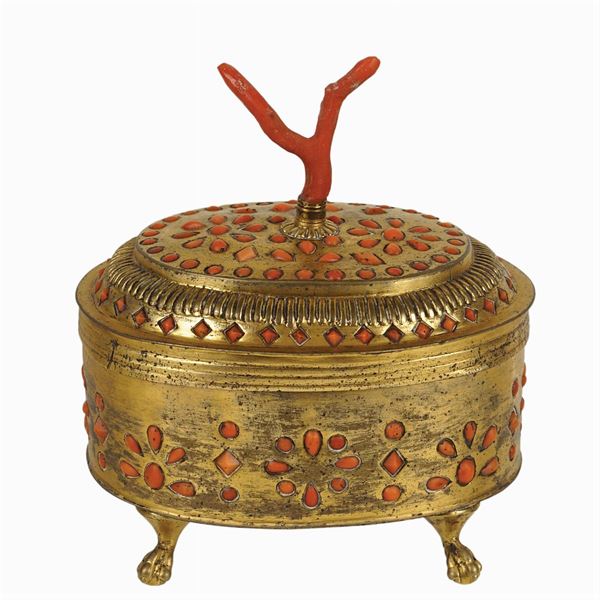 Gilded copper and coral casket