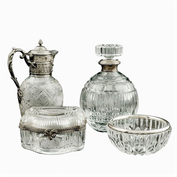 Group of 4 cut crystal and silvered metal objects