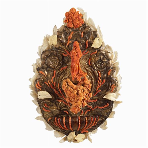 Silver, coral and mother of pearl religious plaque