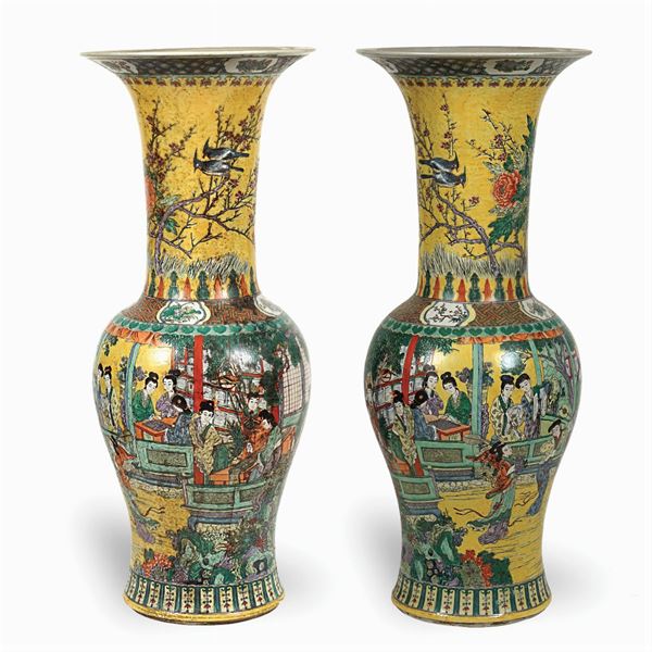 Pair of porcelain vases with yellow background