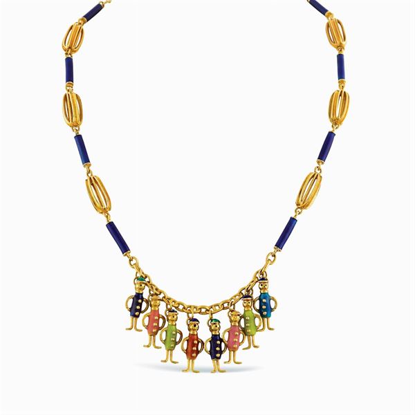 18kt gold and blue enamel charms necklace