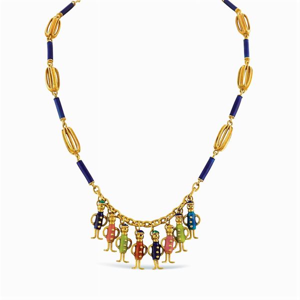 Collana charms in oro giallo 18kt e smalto blu