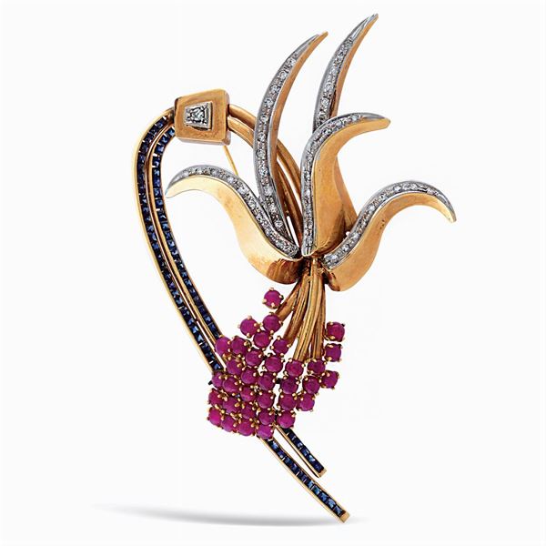 Spilla a motivo floreale in oro rosa e bianco 18kt