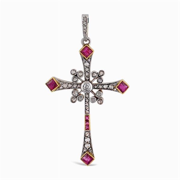 Pendente croce in oro giallo e argento