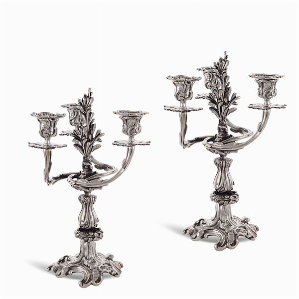Pair of silvered metal 3-stem candleholders
