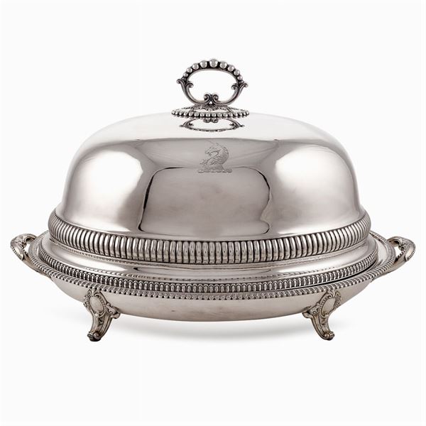 Large silver metal meat plate warmer with dome