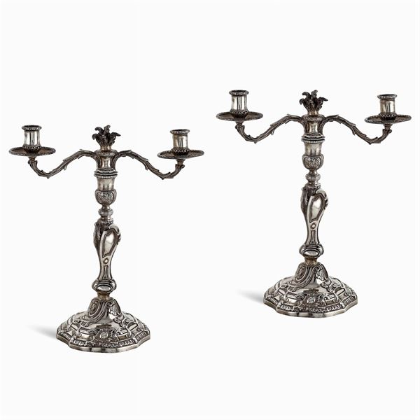 Pair of two lights silver candelabra
