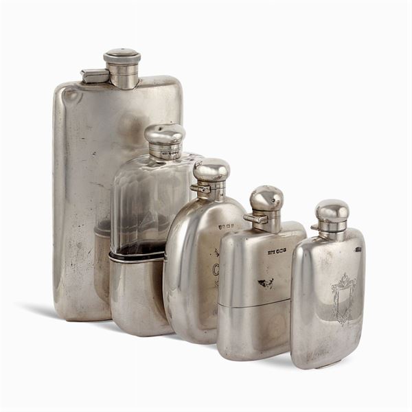 Group of 5 silver and glass whisky flasks