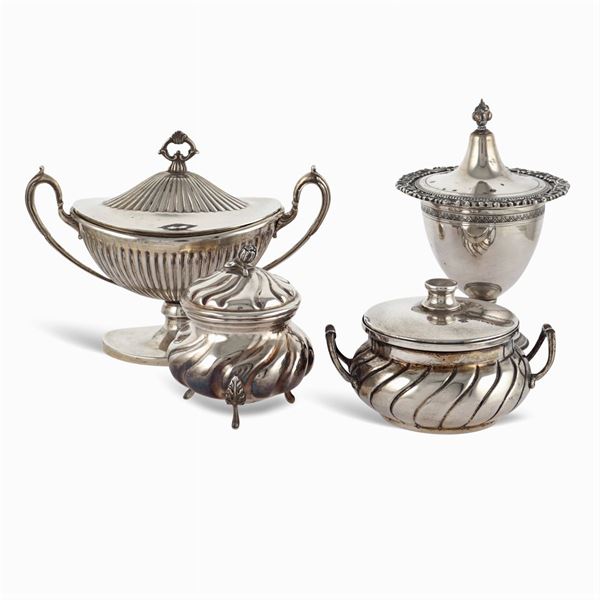 Group of four silver sugar bowls with lid