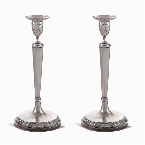 Pair of silver candleholders  (Stato Pontificio, 19th century)  - Auction Fine Silver & The Art of the Table - Colasanti Casa d'Aste