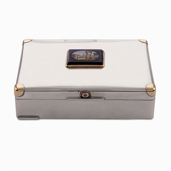Silver, vermeil silver and wood cigarette box