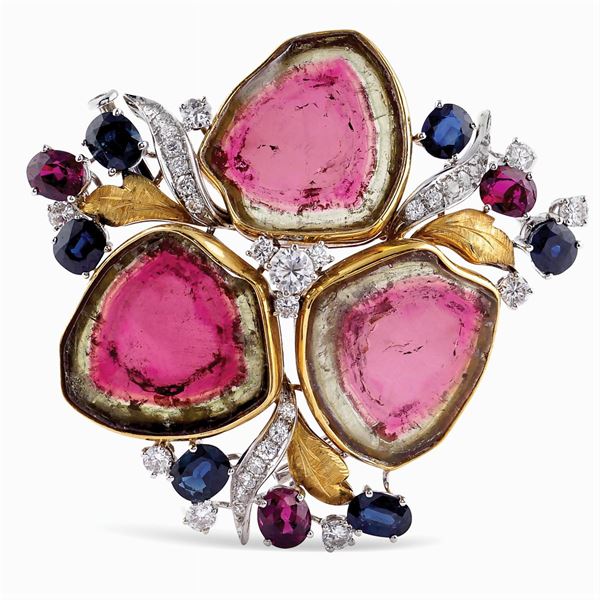18kt yellow and white gold brooch and bicolor tourmalines  (1950s/1960s)  - Auction Important Jewels & Fine Watches - Colasanti Casa d'Aste
