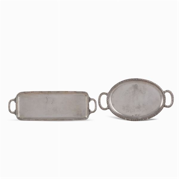 Two silver-plated metal trays with two handles