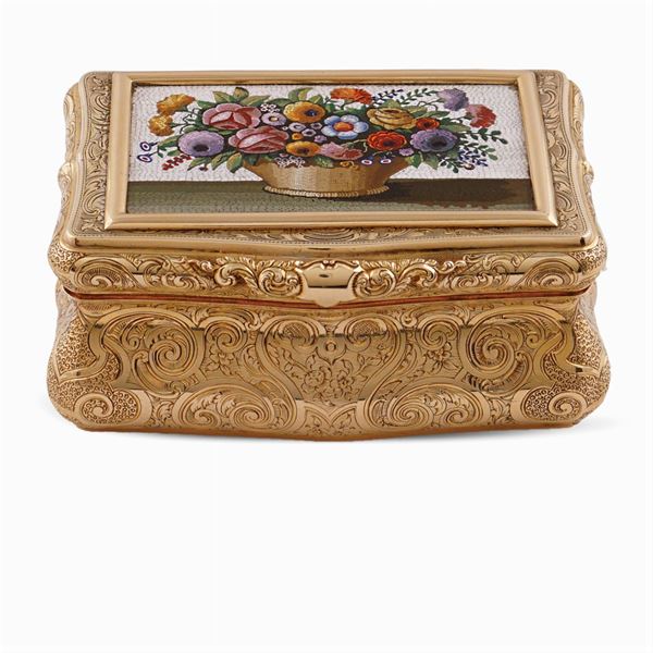 Tabacchiera in oro giallo 14kt e microsaico
