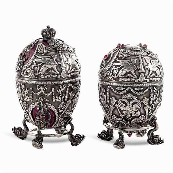 Pair of silver and enamel eggs