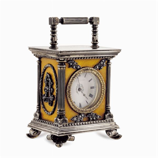 Orologio da appoggio in miniatura in argento e smalto