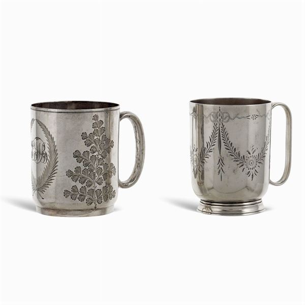 Two silvered metal mugs