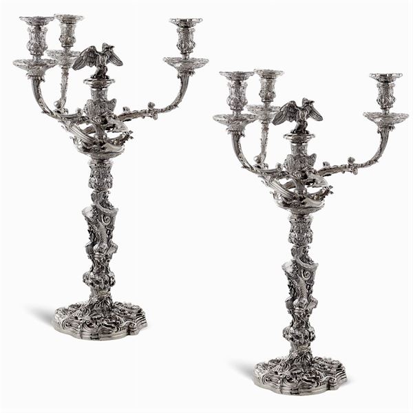 Pair of silver four lights candelabra  (european manifacture, 20th century)  - Auction Fine Silver & The Art of the Table - Colasanti Casa d'Aste