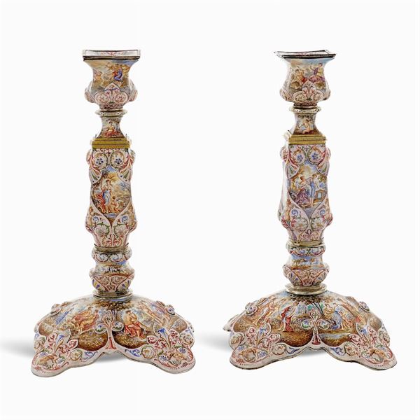 Pair of vermeil silver and polychrome enamel candelabra